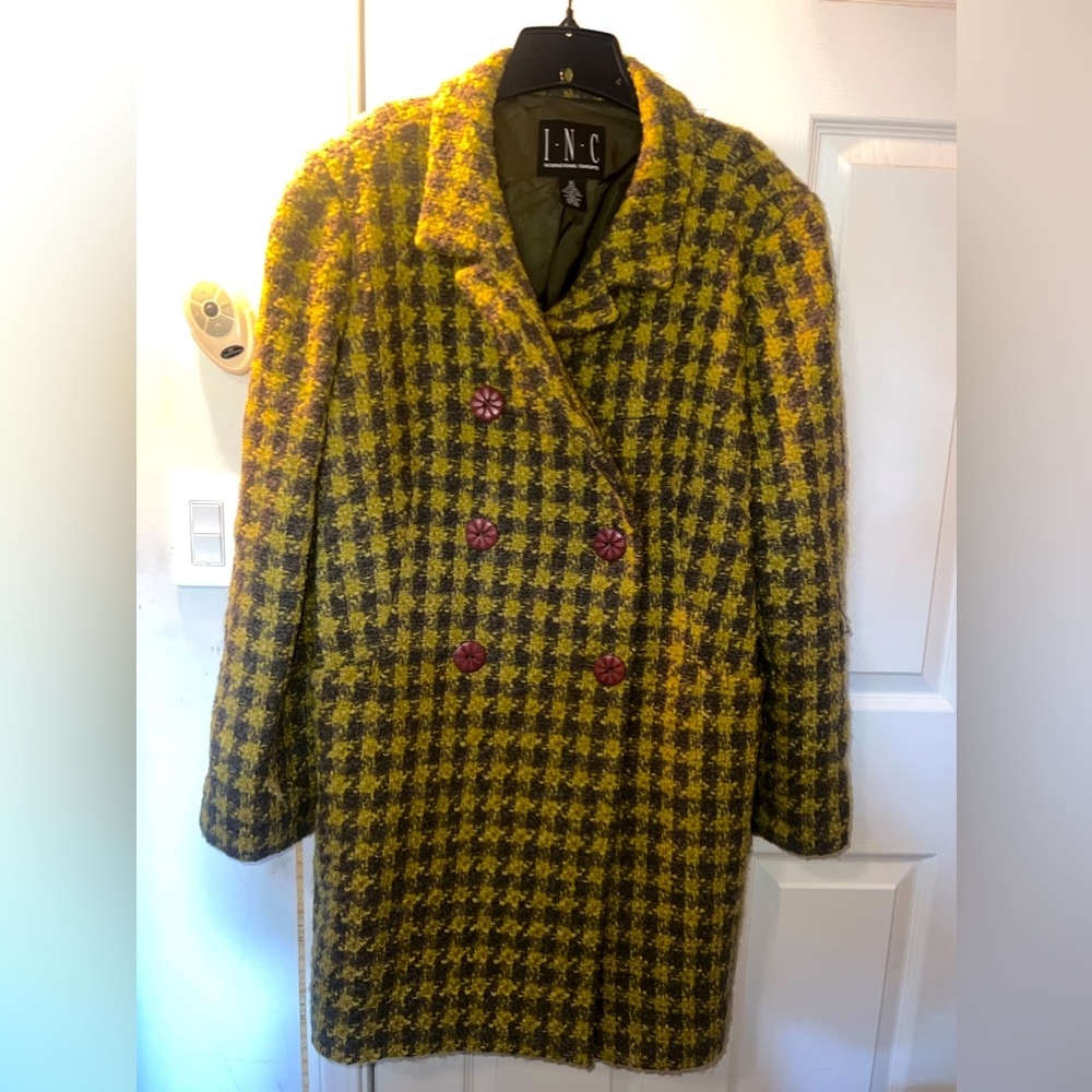 INC Green double breasted checkered overcoat